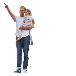 father standing with his daughter up on the balcony and pointing at smth