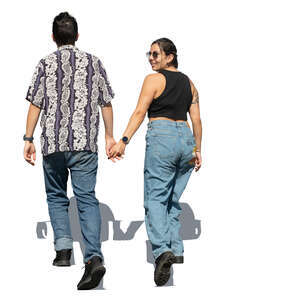 couple walking up the stairs holding hands