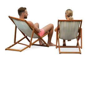 man and woman relaxing in the beach chairs and talking