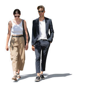 two people walking in a tree shade