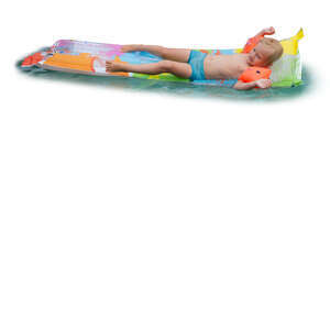 little boy relaxing on an air mattress in a pool
