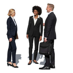 group of three office workers standing outside and talking