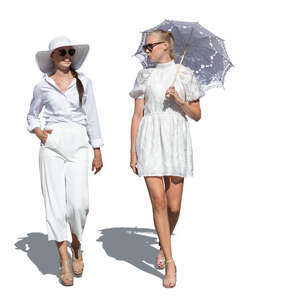 two women in white fancy outfits with hat and parasol walking in summer