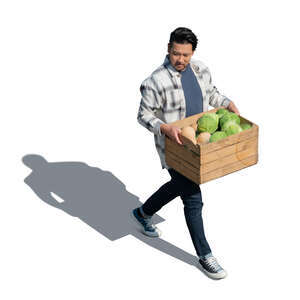 man carrying a big crate of vegetables seen from above