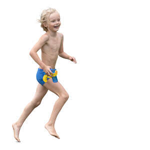 little boy running around and playing with water guns by the pool