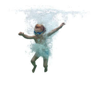 underwater view of a little boy jumping into water