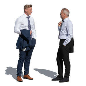 two businessmen standing in sunlight and talking