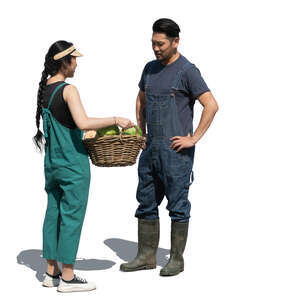 two asian people standing in the garden with vegetable basket and talking