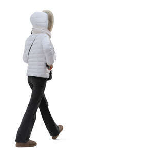woman in a white winter jacket walking