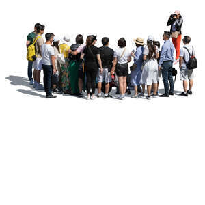 cut out woman taking a picture of a large group of people