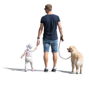 man with a baby girl and a dog walking outside in summer