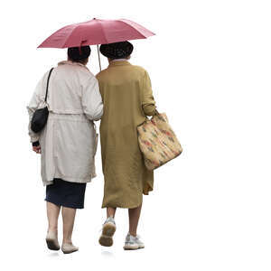 two eldery women with an umbrella walking arm in arm