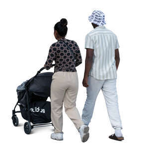 indian couple with a baby stroller walking