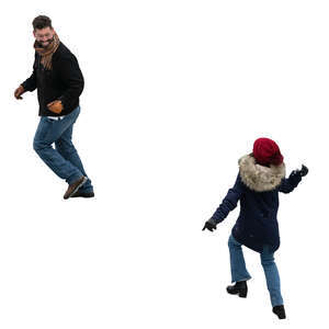 two people having a snow fight seen from above