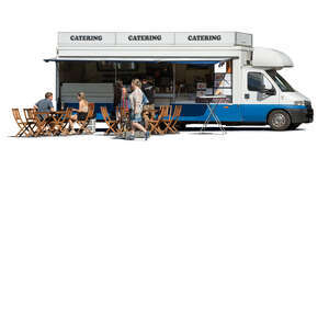 food truck with people sitting and eating outside
