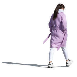woman in a purple overcoat walking