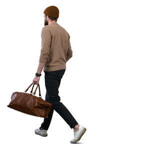man with a brown leather travel bag walking