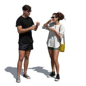 man and woman standing and eating ice cream outside