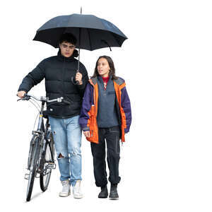 man and woman with a bike and an umbrella walking