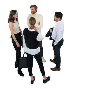 group of four people standing and talking
