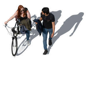 woman with a bike and a man walkin seen from top