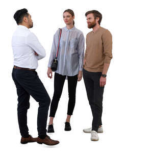 group of three people standing and talking