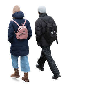 two people in winer walking seen from above