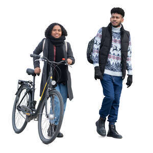 man and woman with a bike walking in autumn