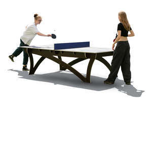 two backlit women playing ping pong outside