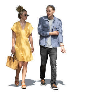 man and woman in tree shade walking and talking