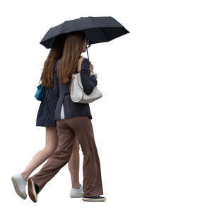 two young women with umbrella walking on a rainy day