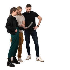 three young people ith laptop standing and discussing smth