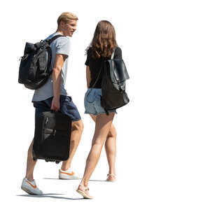 travelling man and woman walking up the stairs