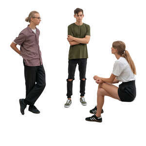 woman sitting and talking to two guys