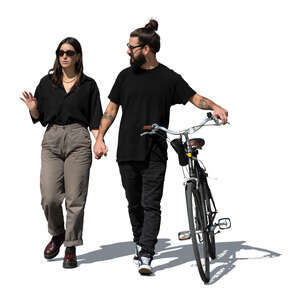 couple with a bike walking hand in hand