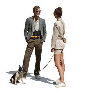 woman with a dog talking to a male friend