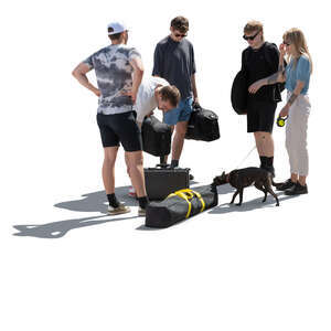 group of people with bags and a dog