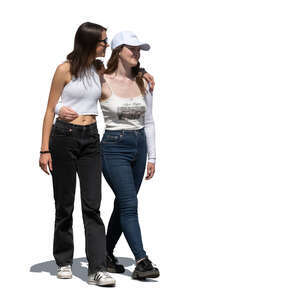 two women walking arms around each other