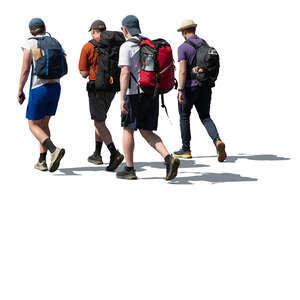 four men with backpacks going hiking