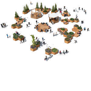 top view of a large recreational arean with people benches and vegetation