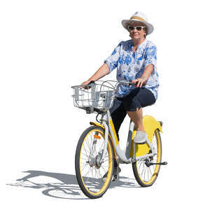 elderly woman with a hat riding a bike
