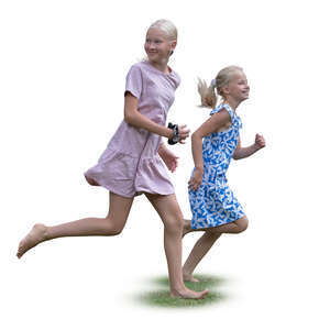 two girls running barefoot in the garden