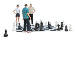 three young people playing street chess