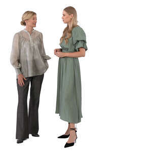 two women at a formal gathering standing and talking