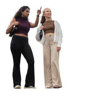 two women standing seen from below