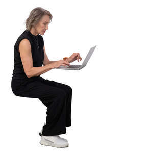 grey haired woman sitting at a desk and working with laptop