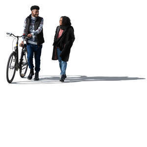 man and woman with bike walking