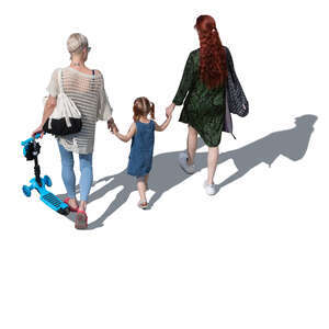 two women and a little girl walking hand in hand seen from above