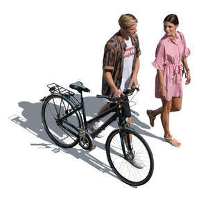 man and woman with a bike walking seen from above
