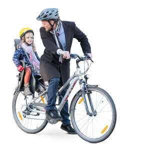man riding a back with his daughter sitting in a kids seat
